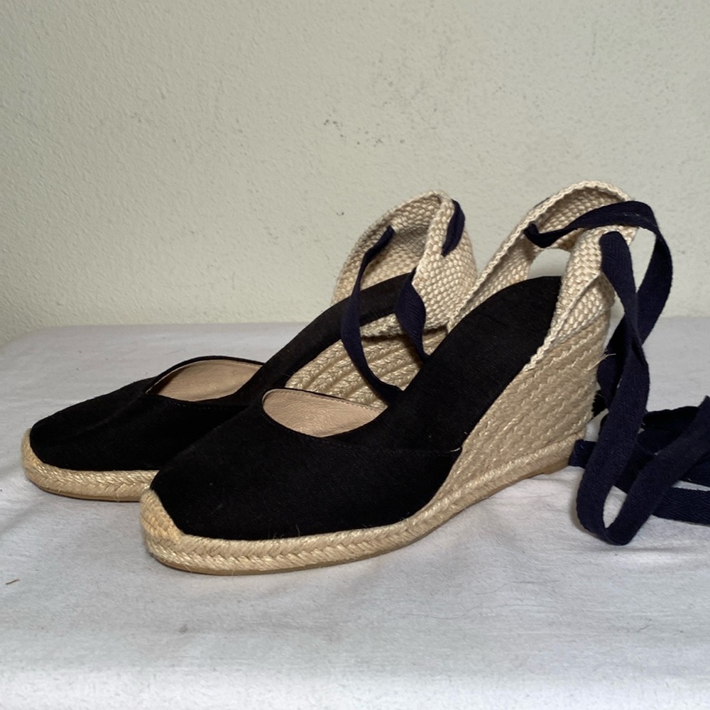Castanet Espadrille 3.5 inch Wedges, Black, Size 8,